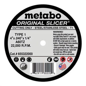 Metabo® 655322000 Original Slicer® Type 1 Straight Cut-Off Wheel, 4 in dia x 0.04 in Thick, 1/4 in Center Hole, 60 Grit