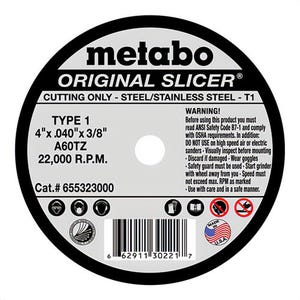 Metabo® 655323000 Original Slicer® Type 1 Straight Cut-Off Wheel, 4 in dia x 0.04 in Thick, 3/8 in Center Hole, 60 Grit