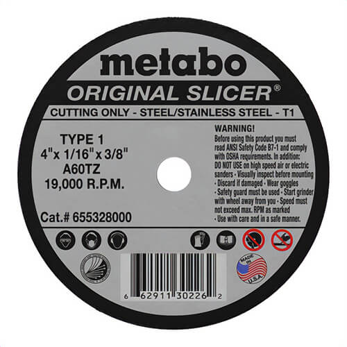 Metabo® 655328000 Original Slicer® Type 1 Straight Cut-Off Wheel, 4 in dia x 1/16 in Thick, 3/8 in Center Hole, 60 Grit