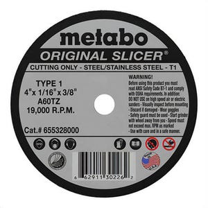 Metabo® 655328000 Original Slicer® Type 1 Straight Cut-Off Wheel, 4 in dia x 1/16 in Thick, 3/8 in Center Hole, 60 Grit