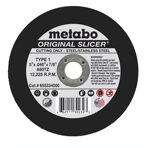 Metabo® 655334000 Original Slicer® Type 1 Flexible GP Straight Cut-Off Wheel, 5 in dia x 0.04 in Thick, 7/8 in Center Hole