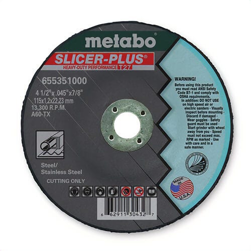 Metabo® 655351000 Slicer Plus® Heavy Duty Performance Depressed Center Wheel, 4-1/2 in dia x 0.045 in Thick, 7/8 in Center Hole