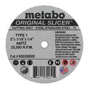 Metabo® 655358000 Original Slicer® Type 1 Straight Cut-Off Wheel, 3 in dia x 1/16 in Thick, 1/4 in Center Hole, 60 Grit