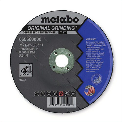 Metabo® 655560000 Original Grinding® General Purpose Depressed Center Wheel with Hub, 7 in dia x 1/4 in Thick, A24N Grit