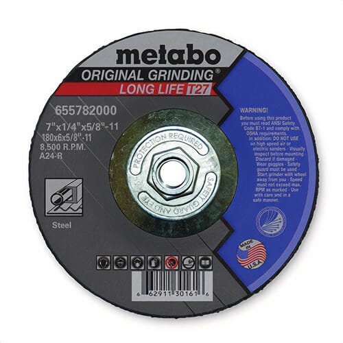 Metabo® 655782000 Original Grinding® Long Life General Purpose Depressed Center Wheel with Hub, 7 in dia x 1/4 in Thick, A24R Grit