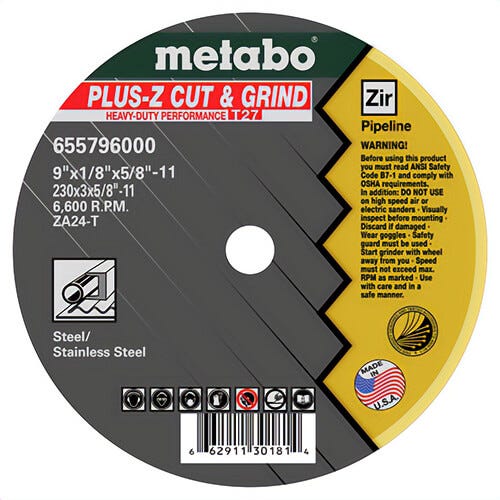 Metabo® 655796000 Plus-Z Cut & Grind Type 27 Depressed Center Wheel, 9 in dia x 1/8 in Thick, ZA24T Grit, Zirconia Alumina