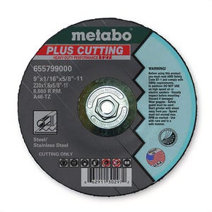 Metabo® 655799000 Plus Cutting GP Depressed Center Wheel, 9 in dia x 1/16 in Thick, A46TZ Grit, Aluminum Oxide Abrasive