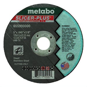 Metabo® 655993000 Slicer Plus Straight Cut-Off Wheel, 5 in dia x 0.045 in Thick, 7/8 in Center Hole, 60 Grit