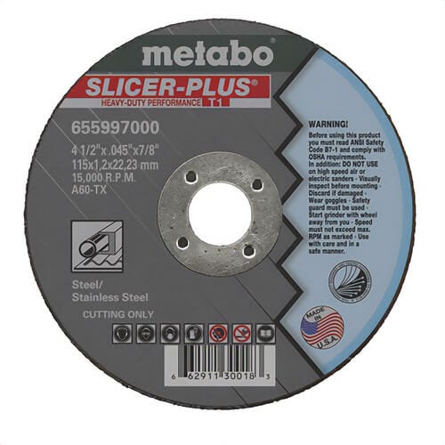Metabo® 655997000 Slicer Plus Long Life Straight Cut-Off Wheel, 4-1/2 in dia x 0.045 in Thick, 7/8 in Center Hole, 60 Grit