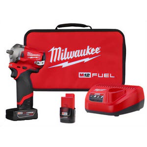 Milwaukee® M12™ 2554-22 Stubby Cordless Impact Wrench Kit, 3/8 in Straight Drive, 3200 BPM, 250 ft-lb Torque, 12 VDC, 4.8 in OAL