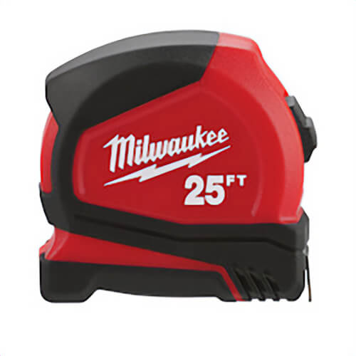 Milwaukee® 48-22-6625 Compact Measuring Tape with Belt Clip, 25 ft L x 25 mm W Blade, 1/16 in, 1/8 in, 1/4 in, 1/2 in Graduation