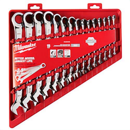 Milwaukee® 48-22-9416 MAX BITE™ Combination Ratcheting Wrench Set, 15 pc, Polished Chrome, 2.5° Arc Swing