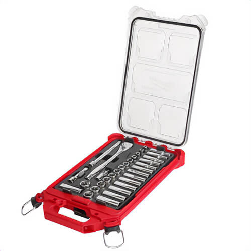 Milwaukee® 48-22-9482 Metric Ratchet and Socket Set with Packout™ Low-Profile Compact Organizer, 3/8 in, 32 pc