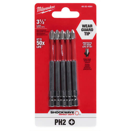 Milwaukee® 48-32-4564 ShockWave™ Impact Duty™ Impact Phillips® Bit, PH2 Phillips®, 3-1/2 in, 5 pk