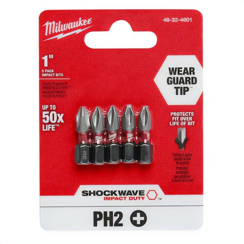 Milwaukee® 48-32-4601 ShockWave™ Impact Duty™ Impact Phillips® Bit, PH2 Phillips®, 1 in, 5 pk
