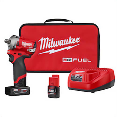 Milwaukee® M12™ 2555-22 Stubby Cordless Impact Wrench Kit, 1/2 in Straight Drive, 3200 BPM, 250 ft-lb Torque, 12 VDC, 4.9 in OAL