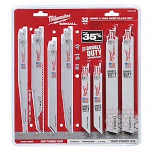 Milwaukee® Sawzall® 49-22-1132 Straight/Tapered Back Reciprocating Saw Blade Set, 32 pc, 1 in W, For Use with Jig Saw, Bi-Metal, Bright