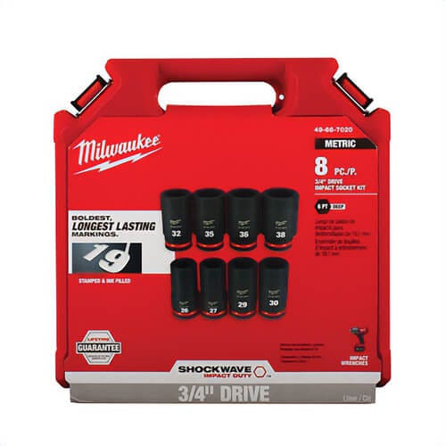 Milwaukee® 49-66-7020 Shockwave™ Impact Duty™ Deep Socket Set, ASME Specified, 6 Points, 3/4 in Drive, 8 pc, Hex