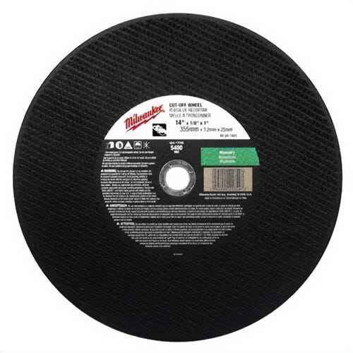 Milwaukee® 49-94-1475 High Speed Cutting Wheel, 14 in dia x 1/8 in thick, 1 in Center Hole, A24R Grit, Aluminum Oxide Abrasive