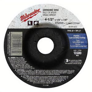 Milwaukee® 49-94-5020 Type 27 Reinforced Grinding Disc, 5 in dia x 1/4 in thick, 7/8 in Center Hole, 24 Grit