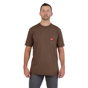Milwaukee® 605BR-XL Gridiron™ Pocket Short Sleeve T-Shirt, Left Chest Pocket, 6 oz Cotton/Polyester Blend, Brown, XL