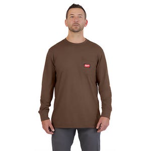 Milwaukee® 606BR-XL Gridiron™ Pocket Long Sleeve T-Shirt, Left Chest Pocket, 6 oz Cotton/Polyester Blend, Brown, XL
