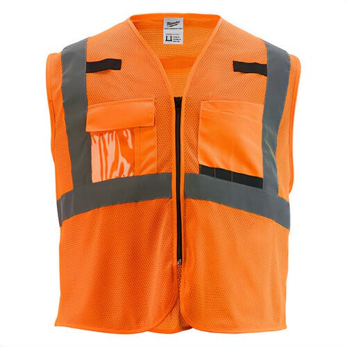 Milwaukee® 48-73-5118 Non-Breakaway Mesh Safety Vest, Hi-Viz Orange, 600D Woven, Hook and Loop/Zipper Closure, ANSI, 4XL/5XL