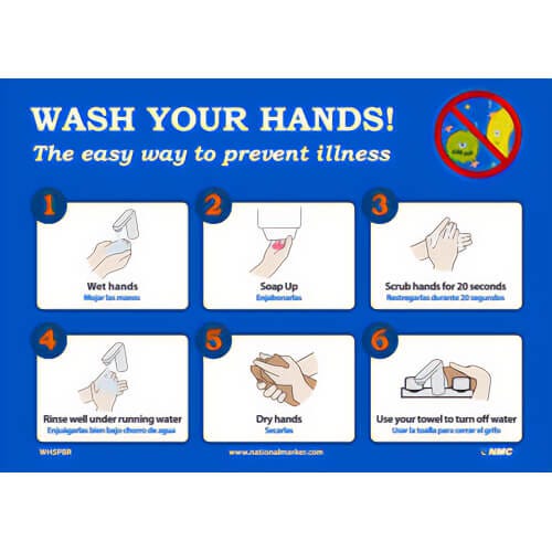 National Marker WH5PBR Safety Sign, WASH YOUR HANDS!, Pressure Sensitive Removable Vinyl .0045, 10 H x 14 W in