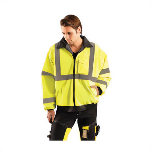 OccuNomix LUX-ETJBJ Bomber Jacket, 2 in Reflective Stripe, Unisex, 300D Polyester Oxford, Water Resistant, Zipper Closure, Hi-Viz Yellow