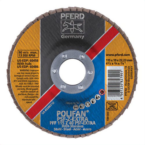 Pferd 60458 PoliFan® Universal Line PSF Z-EXTRA Unthreaded Coated Abrasive Flap Disc, 4-1/2 in dia, 7/8 in Center Hole, 40 grit