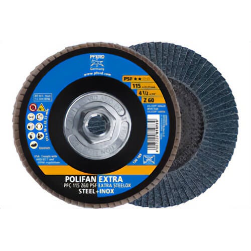 Pferd 60656 PoliFan® Universal Line PSF Z-Extra Threaded Coated Abrasive Flap Disc, 4-1/2 in dia, 60 Grit