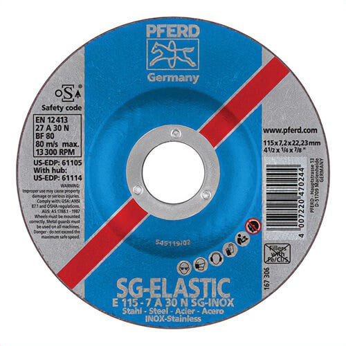 Pferd 61105 Performance Line SG Depressed Center Wheel, 4-1/2 in dia x 1/4 in Thick, 7/8 in Center Hole, 30 Grit, Aluminum Oxide Abrasive