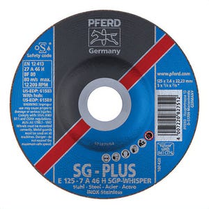 Pferd Special Line SG-PLUS 61583 WHISPER Depressed Center Wheel, 5 in dia x 1/4 in Thick, 7/8 in Center Hole, 46 Grit, Aluminum Oxide Abrasive