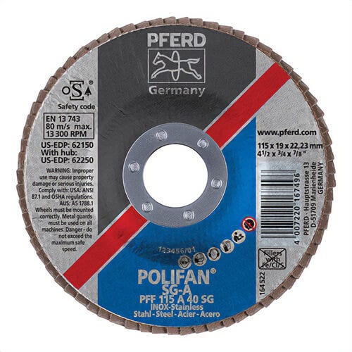 Pferd PoliFan® 62150 Performance Line SG A Unthreaded Coated Abrasive Flap Disc, 4-1/2 in dia, 7/8 in Center Hole, 40 Grit, Aluminum Oxide Abrasive