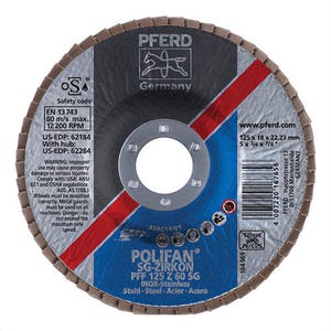 Pferd PoliFan® 62184 Performance Line SG Z Unthreaded Coated Abrasive Flap Disc, 5 in dia, 7/8 in Center Hole, 60 Grit, Zirconia Alumina Abrasive