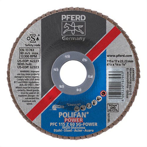 Pferd 62223 PoliFan® Performance Line SG Z-Power Unthreaded Coated Abrasive Flap Disc, 4-1/2 in dia, 7/8 in Center Hole