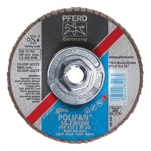 Pferd PoliFan® 62273 Performance Line SG Z Threaded Coated Abrasive Flap Disc, 4-1/2 in dia, 36 Grit, Zirconia Alumina Abrasive, Type 27 Flat Disc