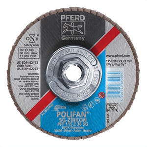 Pferd PoliFan® 62273 Performance Line SG Z Threaded Coated Abrasive Flap Disc, 4-1/2 in dia, 36 Grit, Zirconia Alumina Abrasive, Type 27 Flat Disc
