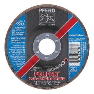 Pferd 62947 PoliFan® Special Line SGP Z-STRONG Unthreaded Coated Abrasive Flap Disc, 4-1/2 in dia, 7/8 in Center Hole, 50 grit