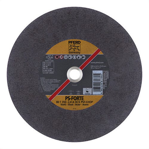 Pferd 64492 Universal Line PS-Forte Type 1 Cut-Off Wheel, 14 in dia x 3/32 in Thick, 1 in Center Hole, 36 Grit, Aluminum Oxide Abrasive