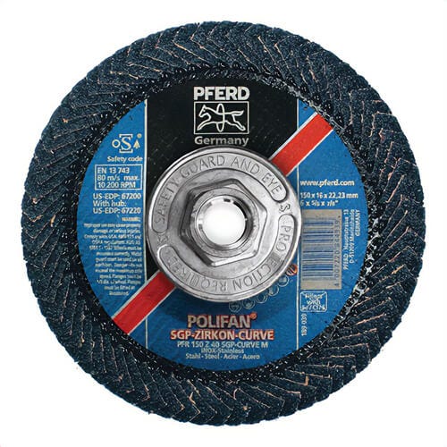 Pferd PoliFan® 67220 Special Line SGP Z-CURVE Threaded Coated Abrasive Flap Disc, 6 in dia, 40 Grit, Zirconia Alumina Abrasive, Type PFR/Radial Disc