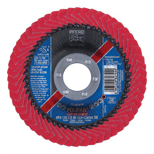 Pferd PoliFan® 67234 Special Line SGP CO-CURVE Unthreaded Coated Abrasive Flap Disc, 4-1/2 in dia, 7/8 in Center Hole, 60 Grit, Ceramic Oxide Abrasive