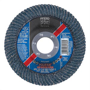 Pferd 67339 PoliFan® Special Line SGP Z-CURVE Unthreaded Coated Abrasive Flap Disc, 4-1/2 in dia, 7/8 in Center Hole, 40 grit