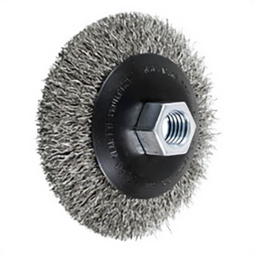 Pferd 82370 Bevel Cup Brush, 4 in dia Brush, 5/8-11 Arbor Hole, 0.014 in dia Filament/Wire, Crimped, Stainless Steel Fill