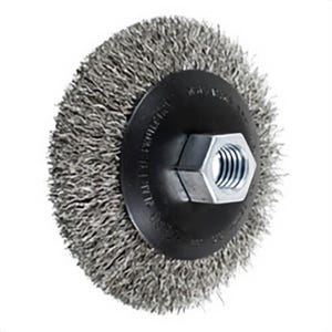 Pferd 82370 Bevel Cup Brush, 4 in dia Brush, 5/8-11 Arbor Hole, 0.014 in dia Filament/Wire, Crimped, Stainless Steel Fill