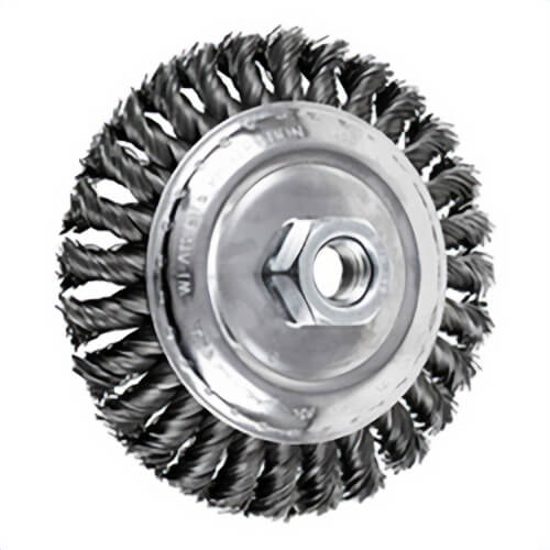 Pferd 82505 Bevel Threaded Cup Brush, 5 in dia Brush, 5/8-11 Arbor Hole, 0.02 in dia Filament/Wire, Knot, Carbon Steel Fill