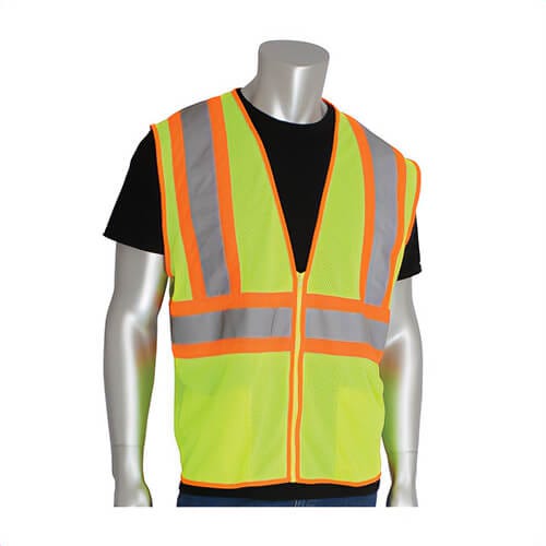 PIP® 302-MVLY-5X 2-Tone Safety Vest, 5 Extra-Large, Hi-Viz Lime Yellow, Polyester Mesh, Zipper Closure, 2 Pockets