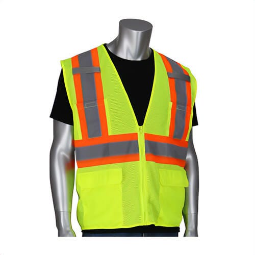 PIP® 302-MVZT-LY/M 2-Tone High Visibility Safety Vest, Medium, Hi-Viz Yellow, Polyester Mesh, Zipper Closure, 6 Pockets