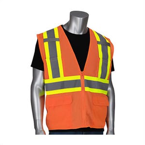 PIP® 302-MVZT-OR/L 2-Tone High Visibility Safety Vest, Large, Hi-Viz Orange, Polyester Mesh, Zipper Closure, 6 Pockets