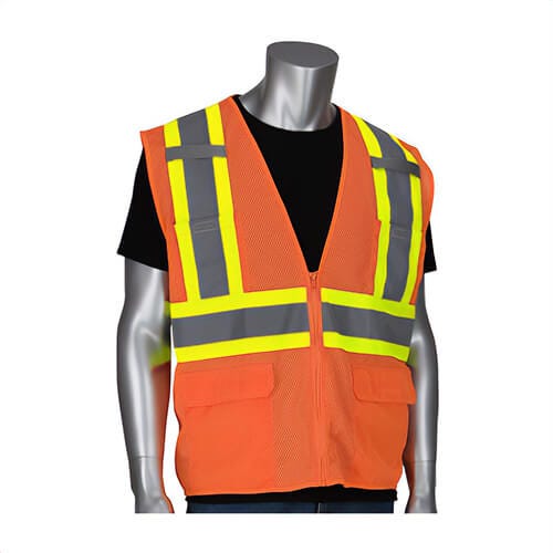 PIP® 302-MVZT-OR/M 2-Tone High Visibility Safety Vest, Medium, Hi-Viz Orange, Polyester Mesh, Zipper Closure, 6 Pockets